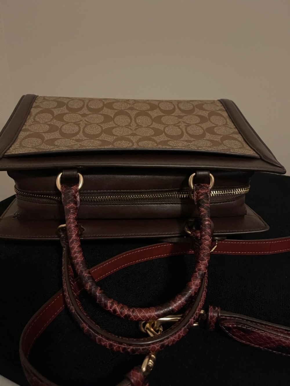 Coach Brown Signature Canvas Tote with Burgundy Leather Trim - Picture 13 of 16
